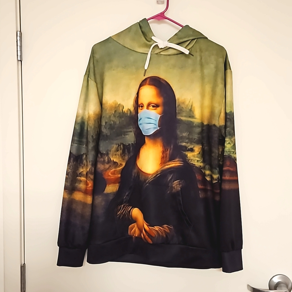 Masked Mona Lisa graphic print hoodie kangaroo pocket Large iconic Italian art